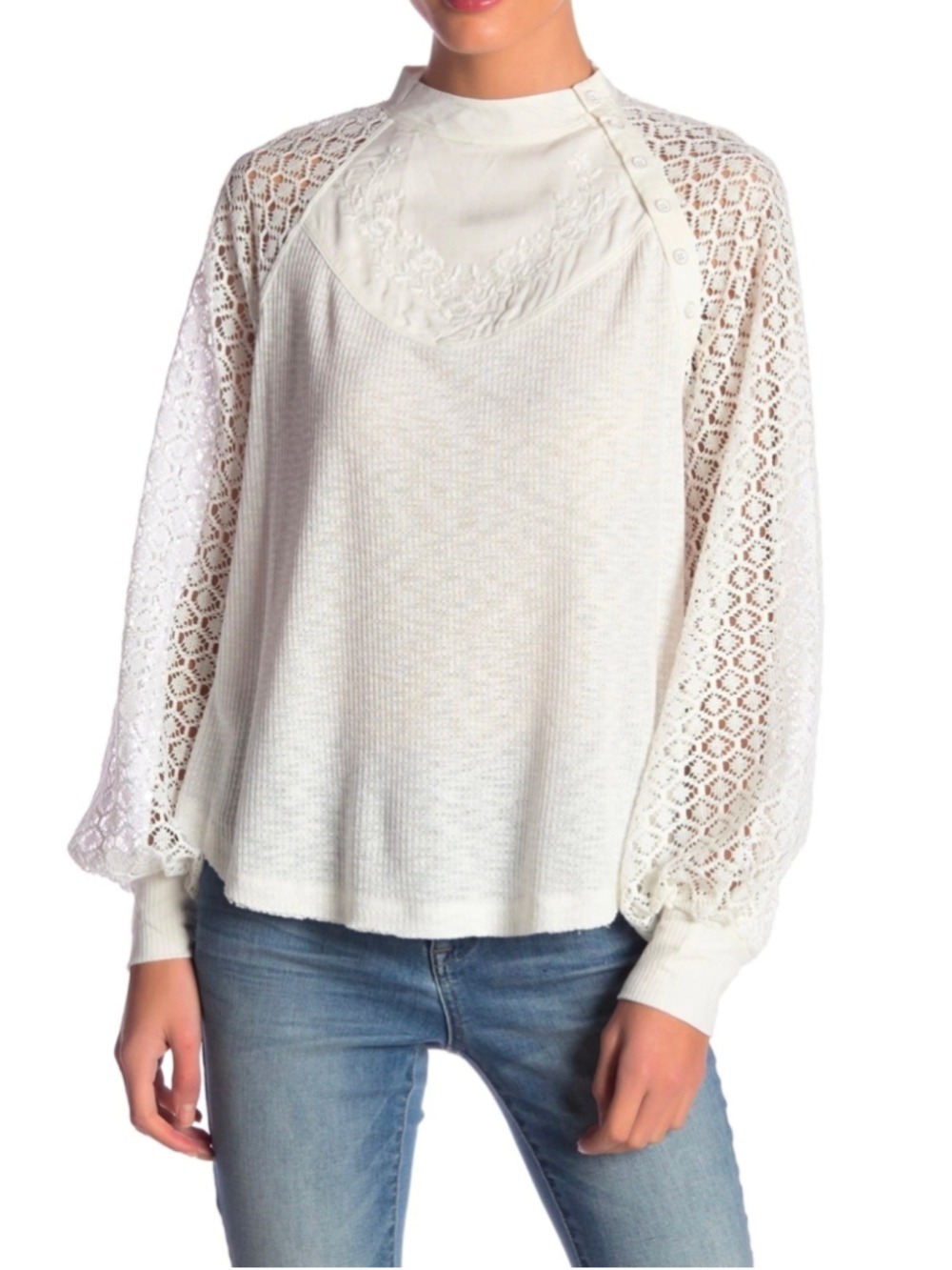 Free People Sweetest Thing Lace Thermal Top Ivory White M